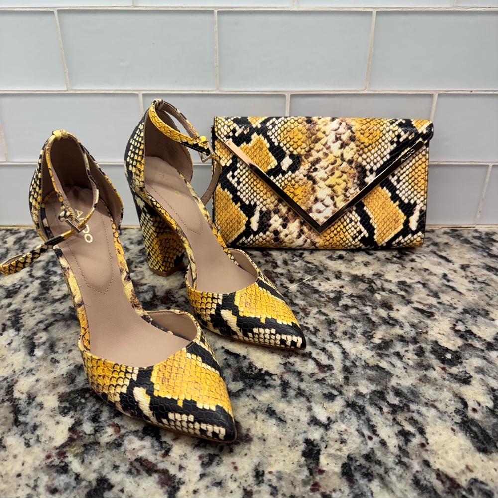 ALDO Yellow Snake Print Women's Heels & Matching Crossbody Bag